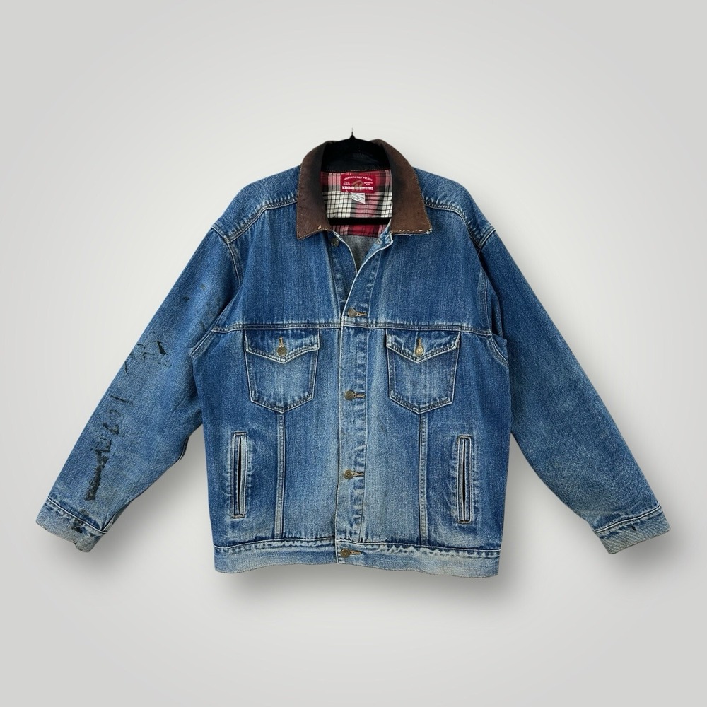 VTG Marlboro Country Store Denim Jacket Leather Collar Trucker Blue Mens LARGE
